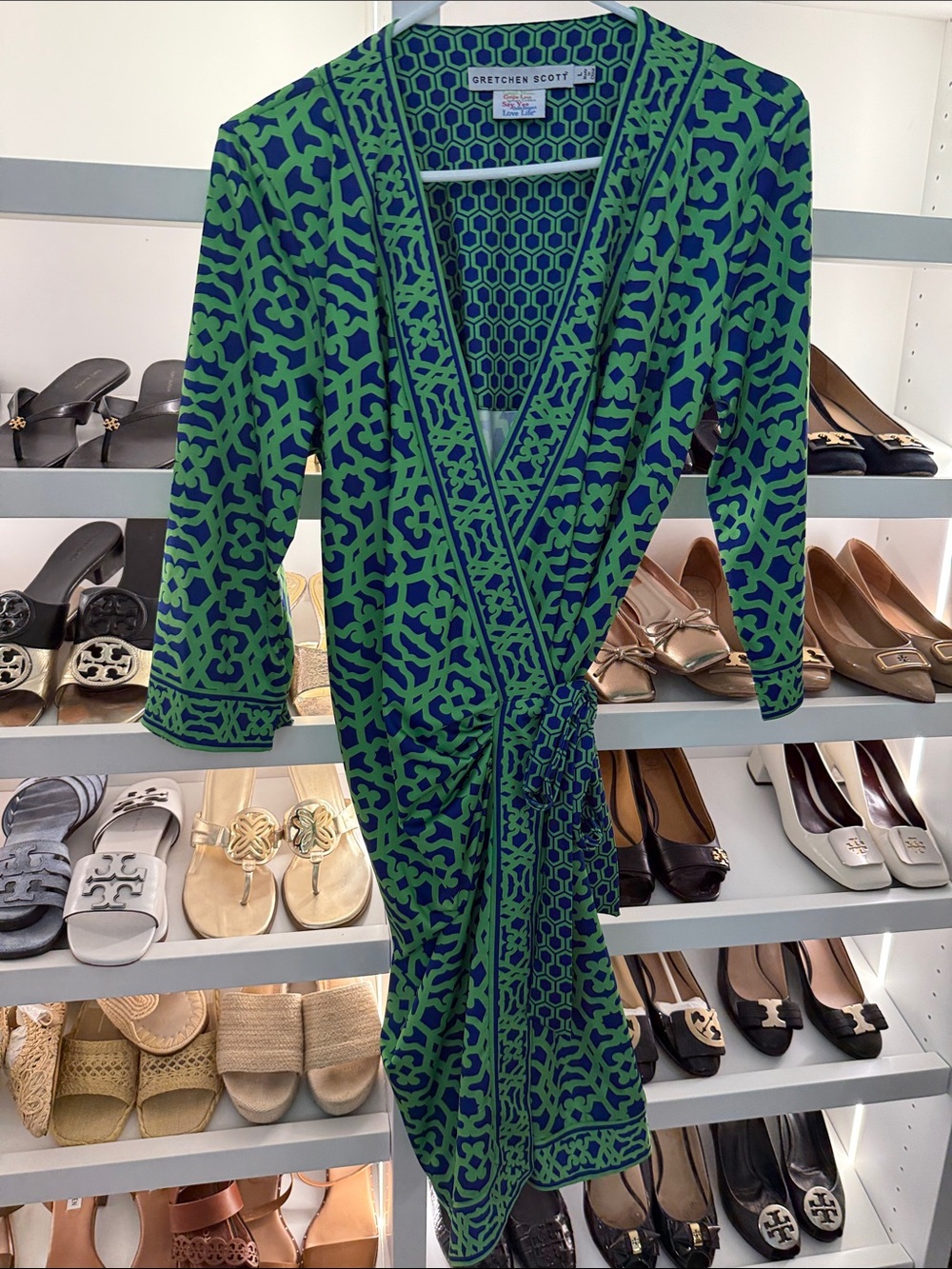 Gretchen Scott Designs Green and Navy Printed Wrap Midi Dress